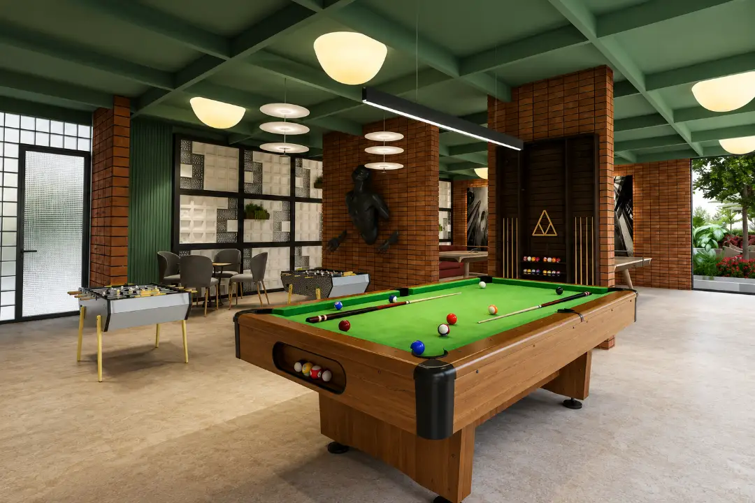 Indoor games room with pool table