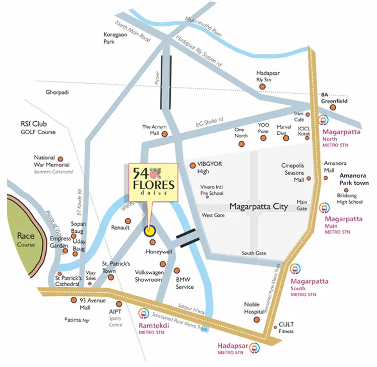 Location map showing 54 Flores Drive on Magarpatta Rear Approach, with Magarpatta City, Hadapsar Metro, Amanora, Koregaon Park and Solapur Highway