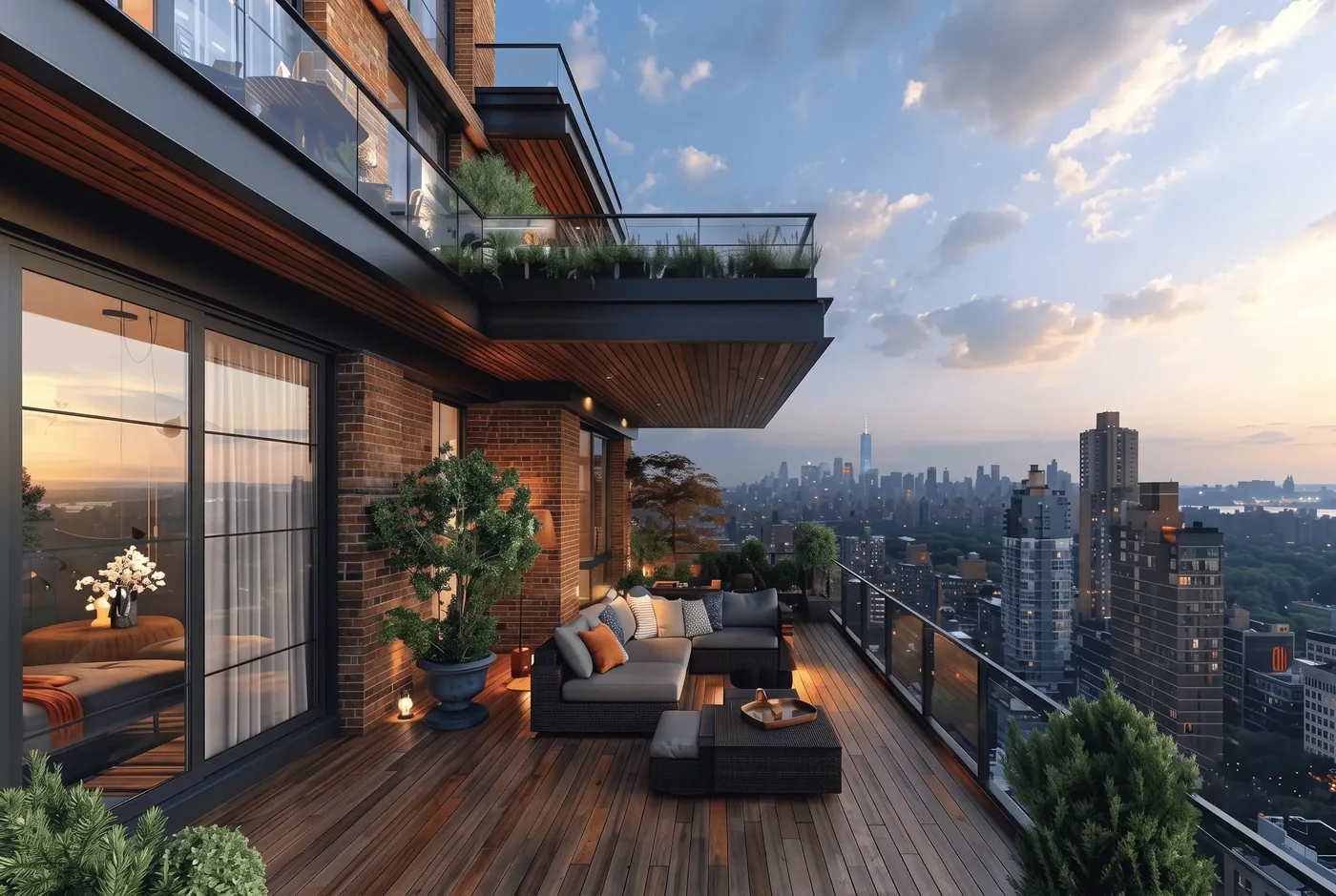 Private terrace at 54 Flores Drive overlooking the city skyline at dusk