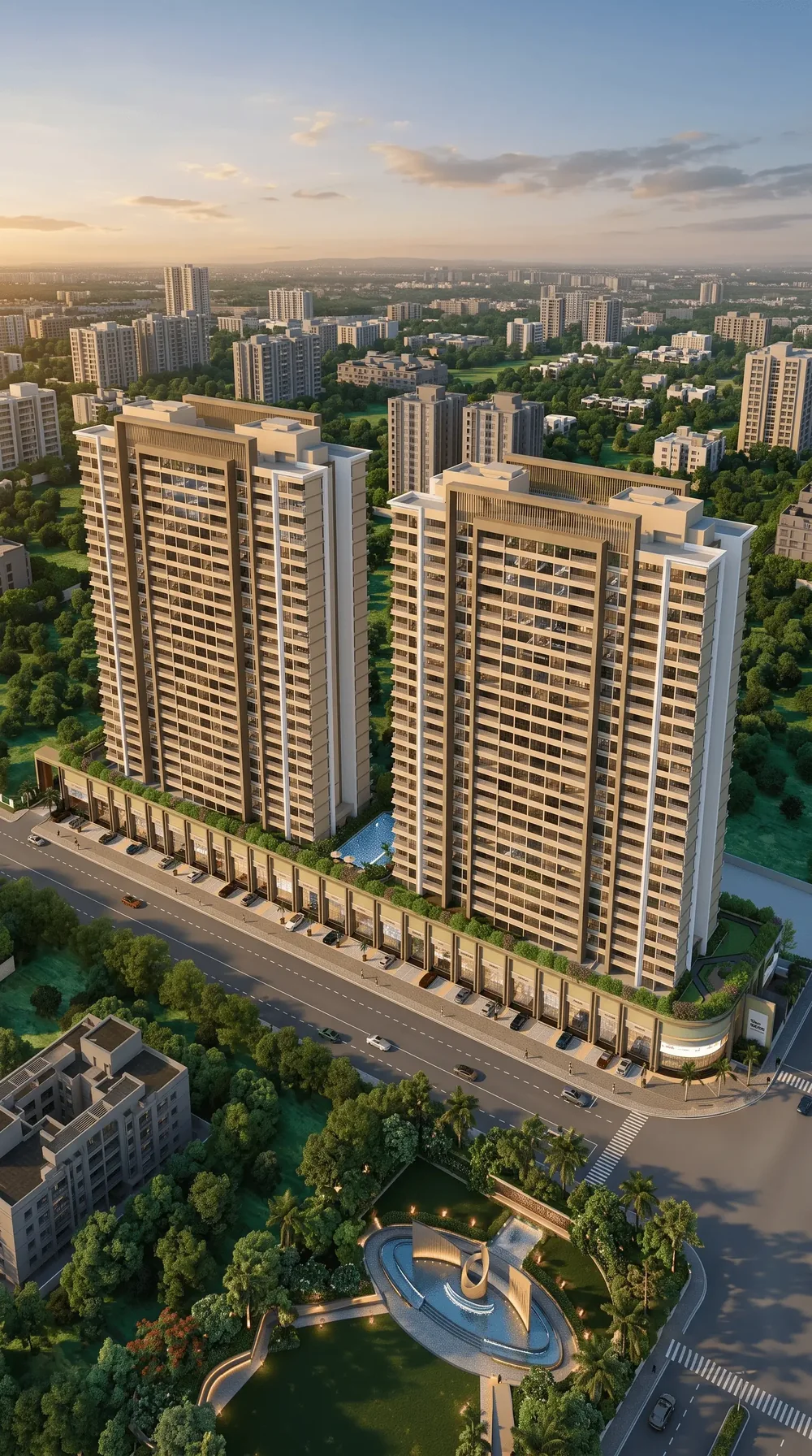 Aerial view of the 54 Flores Drive towers by Bhandari Associates